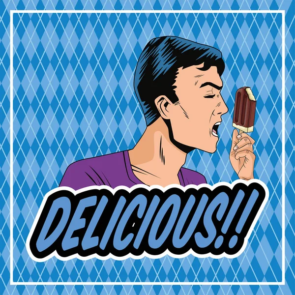Perfil do homem comer sorvete em vara pop estilo de arte personagem —  Vetores de Stock
