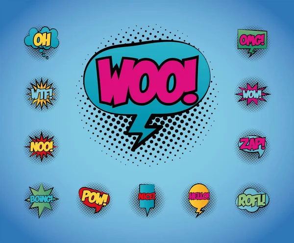 Paquete de burbujas de habla con woo palabra y palabras pop art estilo de relleno — Archivo Imágenes Vectoriales