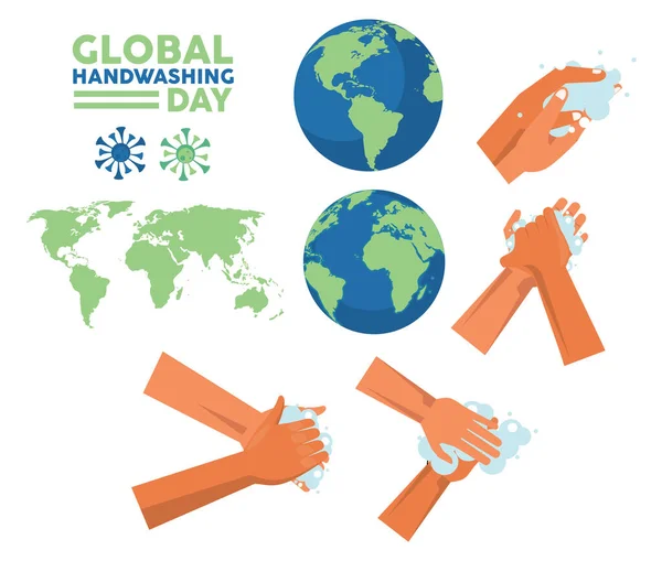 Globale handwas dag belettering met handen en aardes planeten — Stockvector
