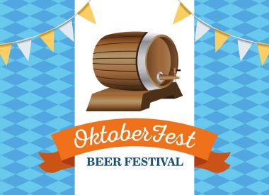 Mutlu Oktoberfest kutlama fıçıları, çelenkler ve kurdele çerçeveli.