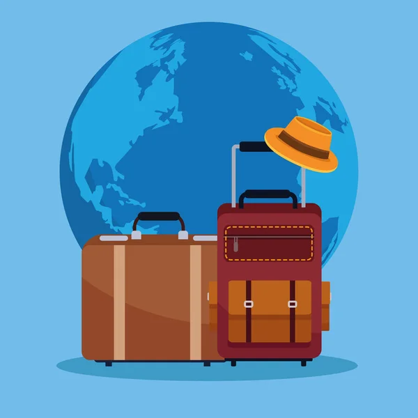 Celebración del Día Mundial del Turismo con planeta tierra y maletas — Vector de stock