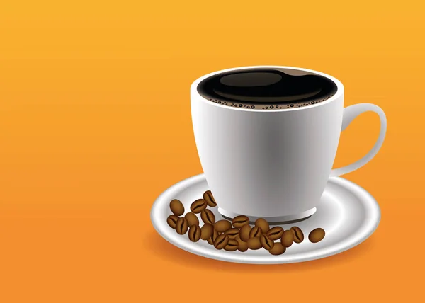 Pôster de coffee break com xícara e sementes em fundo laranja —  Vetores de Stock