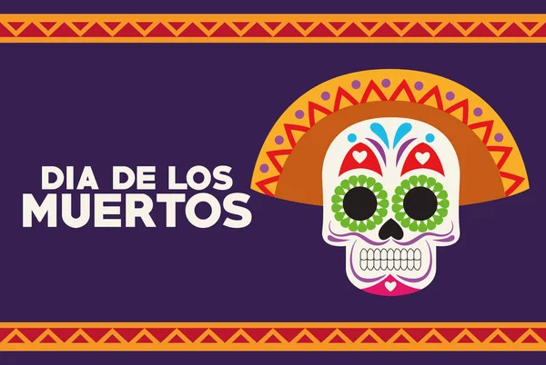 Dia de los muertos celebration poster with skull head and lettering — Stock Vector