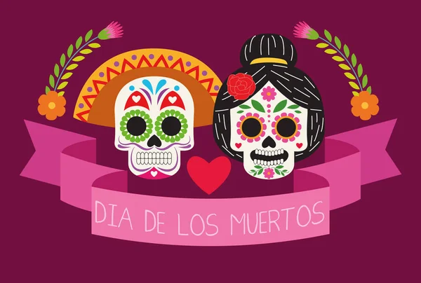 Dia de los muertos用骷髅夫妇和丝带庆祝海报 — 图库矢量图片