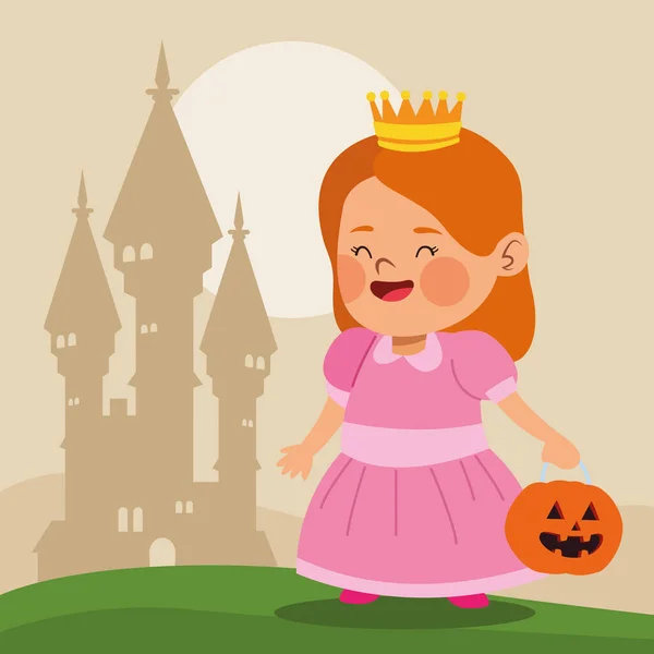 Симпатичная маленькая девочка в костюме персонажа и замка — стоковый вектор