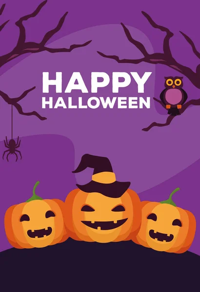 Fröhliche Halloween-Festkarte mit Kürbissen und Eule-Nachtszene — Stockvektor