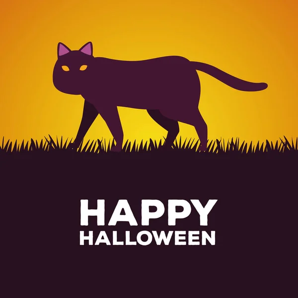 Fröhliche Halloween-Feier Karte mit Katze im Gras — Stockvektor