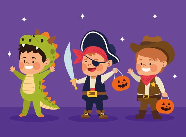 Cute little boys dressed as a differents characters — Stock Vector