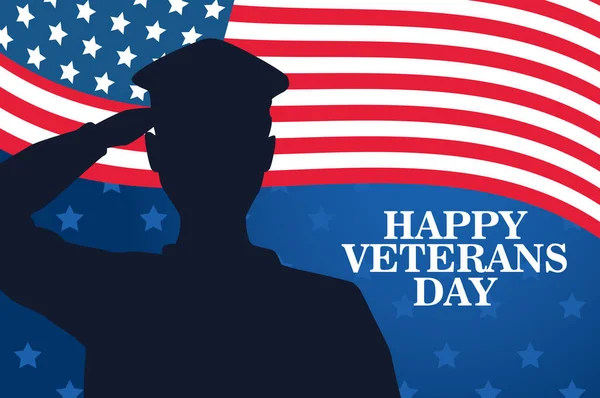 Ευτυχισμένη ημέρα βετεράνων γιορτή με στρατιωτικό αξιωματικό χαιρετισμό και σημαία ΗΠΑ — Διανυσματικό Αρχείο