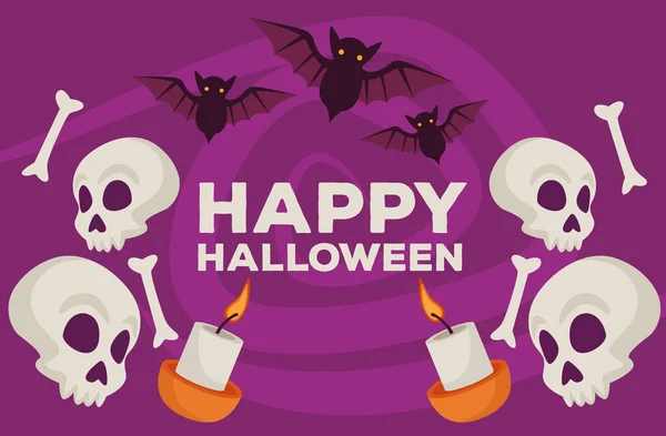 Feliz tarjeta de celebración de Halloween con cráneos y murciélagos volando — Vector de stock