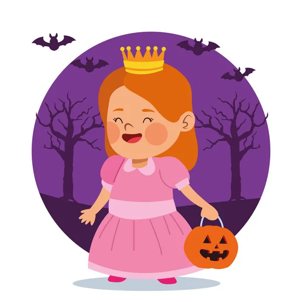 Linda niña vestida como un personaje de princesa y murciélagos — Vector de stock