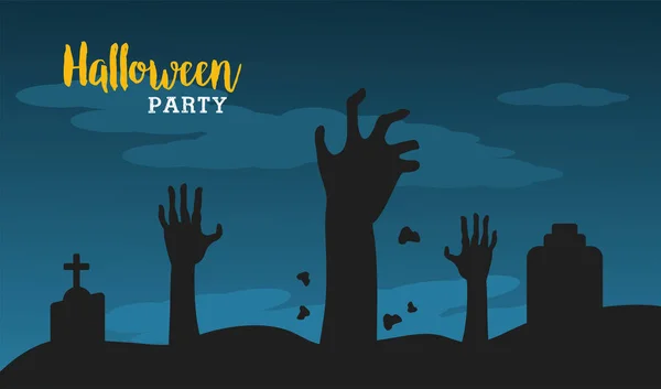 Joyeuse fête d'Halloween avec morts mains dans la scène de nuit cimetière — Image vectorielle