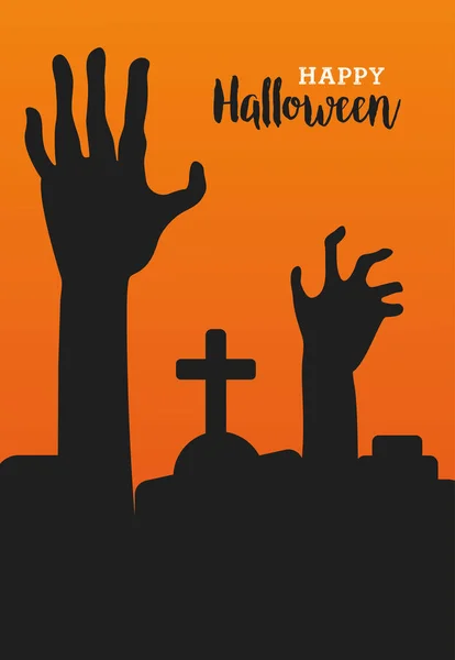 Feliz celebração do dia das bruxas com as mãos mortes na cena do cemitério — Vetor de Stock