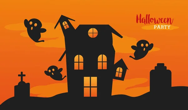 Celebração halloween feliz com casa assombrada e fantasmas — Vetor de Stock