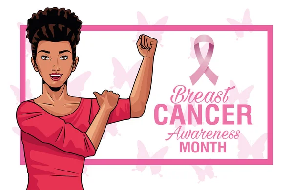 Breast cancer awareness month lettering with strong afro woman and ribbon — Stock Vector