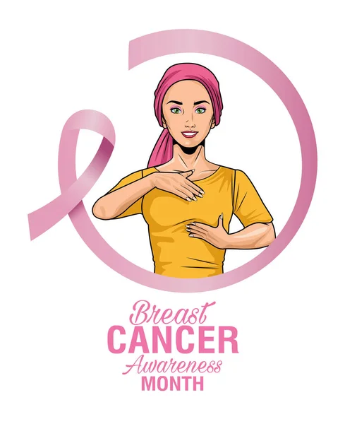 Breast cancer awareness month lettering with woman self exam and ribbon — Stock Vector