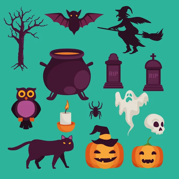 Cartão de celebração halloween feliz com ícones definidos — Vetor de Stock