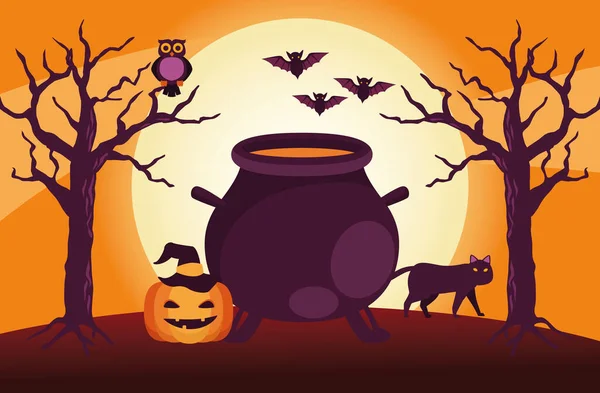 Feliz tarjeta de celebración de Halloween con caldero y calabaza — Vector de stock