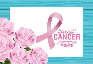 Meme kanseri farkındalığı ayı. Gül çiçekleri ve kurdele pembe harflerle.