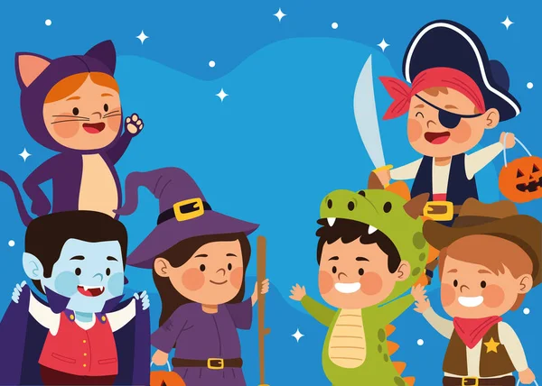 Cute little kids dressed as a differents characters at night scene — Stock Vector