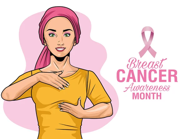 Consciência do câncer de mama mês lettering com auto exame da mulher —  Vetores de Stock