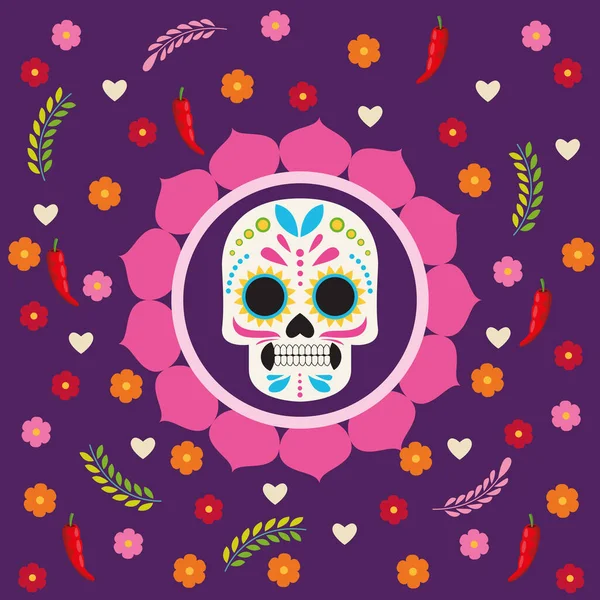 Αφίσα εορτασμού dia de los muertos με κρανίο και λουλούδια — Διανυσματικό Αρχείο