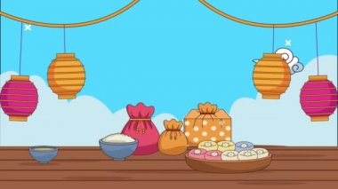 Mutlu Chuseok kutlamaları. Yemek ve fenerler asılı.