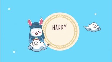 Mutlu chuseok harfleri dairesel çerçevede ve bulutlarda tavşan