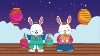 Tavşanlarla ve fenerlerle mutlu chuseok kutlamaları.