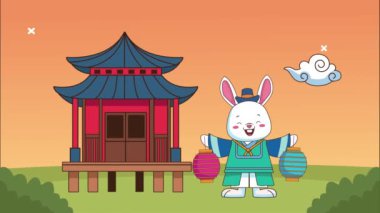 Çin evi ve tavşanla mutlu chuseok kutlamaları.