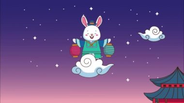 Mutlu chuseok kutlamaları. Çin evleri ve tavşan bulutların içinde fener kaldırıyor.