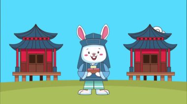 Çin evleri ve tarladaki tavşanla mutlu chuseok kutlamaları.