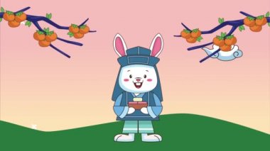 Mutlu chuseok kutlamaları. Tarladaki ağaçlar ve tavşanlarla.