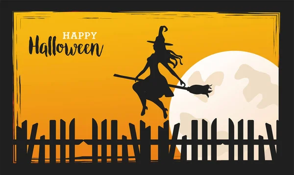 Wesołego Halloween z czarownicą latającą w miotle i księżycu — Wektor stockowy