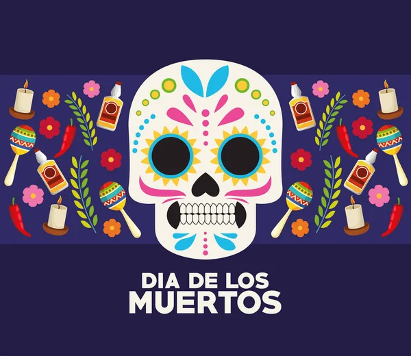 Dia de los muertos用骷髅头和图标庆祝海报 — 图库矢量图片