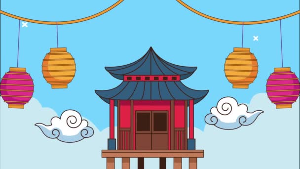 Святкування щасливого чаука з китайським будинком та ліхтарями, що висять — стокове відео