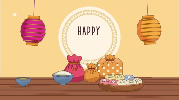 Happy chuseok lettering in circular frame with food and lanterns — Stock Video