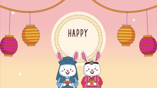 Šťastný Chuseok písmo v kruhovém rámečku s králíky pár a lucerny — Stock video