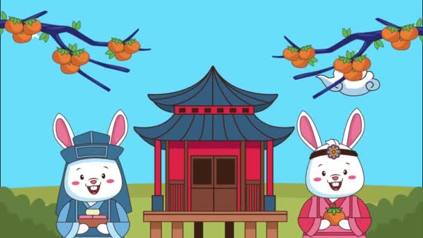 Feliz celebración chuseok con la casa china y conejos pareja — Vídeos de Stock