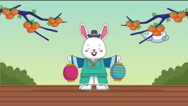 Fröhliche chuseok feiern mit Kaninchen heben Laternen — Stockvideo