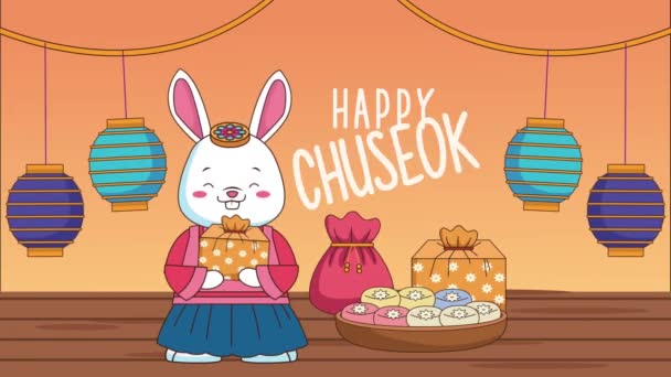 Šťastný Chuseok nápis s králíkem a lucernami — Stock video