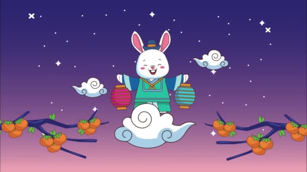 Felice chuseok festeggiare con lanterne di sollevamento coniglio in nuvola — Video Stock