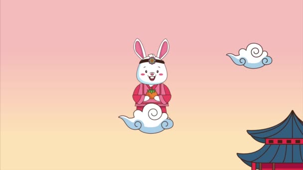 Mutlu chuseok kutlamaları Çin evleri ve bulutların içinde bir tavşan — Stok video