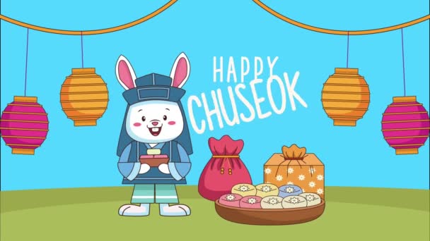 Happy chuseok lettering with rabbit and food — Stock Video