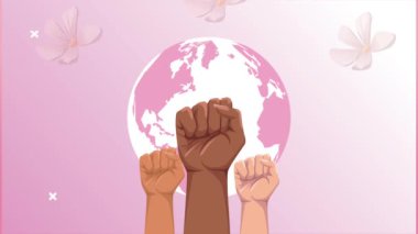 Meme kanseri animasyonu, ırklar arası eller havada ve yeryüzü gezegeninde