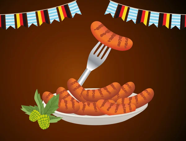 Happy Oktoberfest święto z kiełbaskami w naczyniu i girlandy — Wektor stockowy