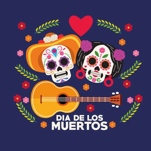 Dia de los muertos celebration poster with skulls couple and guitar — Stock Vector