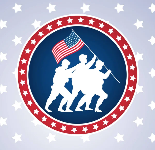 Ευτυχισμένη ημέρα βετεράνων γιορτή με τους στρατιώτες ανύψωση σημαία ΗΠΑ σε πόλο κυκλικό πλαίσιο — Διανυσματικό Αρχείο