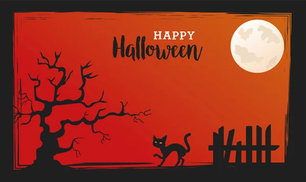 Fröhliche Halloween-Feier mit schwarzer Katze und Zaunszene — Stockvektor