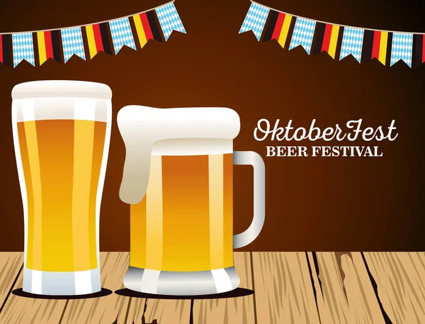 Felice festa dell'oktoberfest con birre e ghirlande — Vettoriale Stock